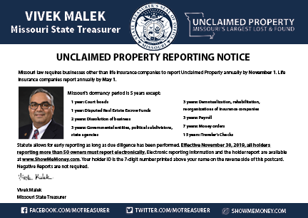Unclaimed Property Reporting Notice postcard image